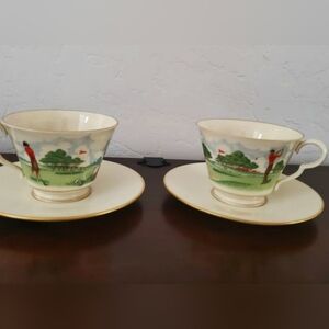 Rare Oversized Lennox Tea Cup and Suacer Golfing Theme Gold Trim.